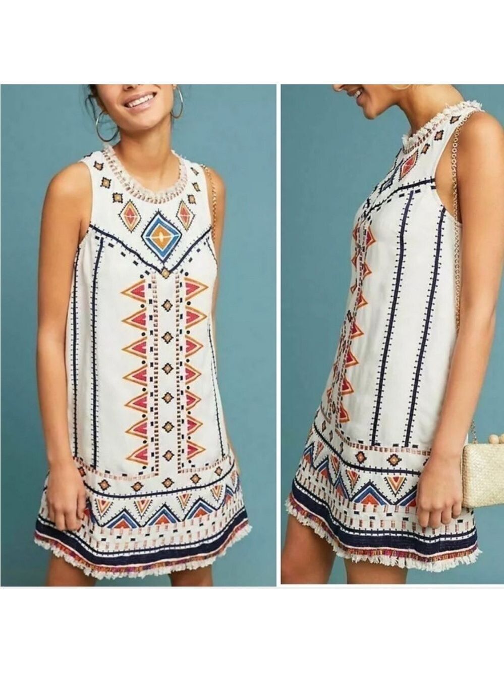 Anthropologie Akema + Kin Reagan Embroidered Linen Shift Dress Size 0 Fringe EUC